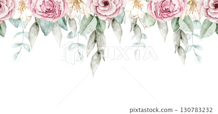 Watercolor floral border with cascading pink roses, green foliage, and delicate blossoms arranged in soft style. Part of a large floral bouquet set. Perfect for wedding invitation, greeting card, pack 130783232