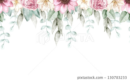 Watercolor floral border with cascading pink roses, green foliage, and delicate blossoms arranged in soft style. Part of a large floral bouquet set. Perfect for wedding invitation, greeting card, pack Watercolor floral border with cascading pink roses, green foliage, and delicate blossoms arranged in soft style. Part of a large floral bouquet set. Perfect for wedding invitation, greeting card, pack 130783233