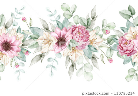 Watercolor seamless floral border with cascading pink roses, green foliage, and delicate blossoms arranged in soft style. Part of a large floral bouquet set. Perfect for wedding invitation 130783234