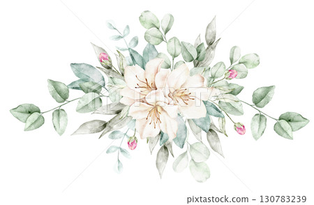 Watercolor floral composition with beige blossoms, pink buds, and green leaves arranged in soft cluster. Part of a large floral bouquet set. Ideal for wedding stationery, greeting card, packaging, or Watercolor floral composition with beige blossoms, pink buds, and green leaves arranged in soft cluster. Part of a large floral bouquet set. Ideal for wedding stationery, greeting card, packaging, or 130783239