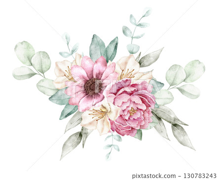 Watercolor floral composition with pink blossom, beige flowers, and soft green leaves, hand painted in delicate style. Part of a large floral bouquet set. Perfect for wedding invitation, greeting card 130783243