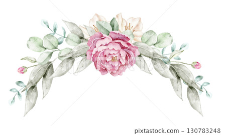 Watercolor floral composition with pink blossom, beige accents, and soft green leaves in arch arrangement. Part of a large floral bouquet set. Perfect for wedding invitation, greeting card, packaging, 130783248