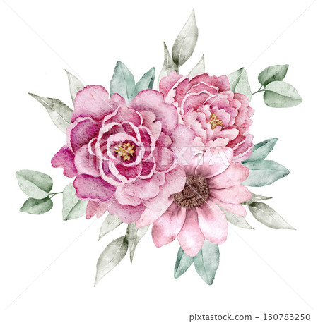 Watercolor floral composition with pink blossom, beige flowers, and soft green leaves, hand painted in delicate style. Part of a large floral bouquet set. Perfect for wedding invitation, greeting card 130783250