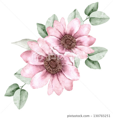 Watercolor floral composition with pink blossom, beige flowers, and soft green leaves, hand painted in delicate style. Part of a large floral bouquet set. Perfect for wedding invitation, greeting card 130783251