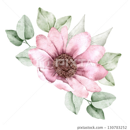 Watercolor floral composition with pink blossom, beige flowers, and soft green leaves, hand painted in delicate style. Part of a large floral bouquet set. Perfect for wedding invitation, greeting card 130783252