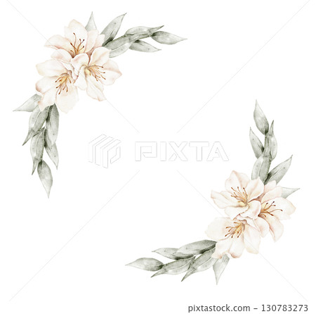 Watercolor round wreath with beige blossoms and green leaves in soft arrangement. Part of a large floral bouquet set. Ideal for wedding invitation, stationery, greeting card, packaging, or seasonal de 130783273