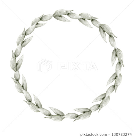 Watercolor round wreath with green leaves in soft arrangement. Part of a large floral bouquet set. Ideal for wedding invitation, stationery, greeting card, packaging, or seasonal de 130783274