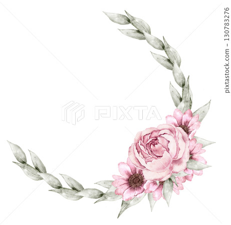 Watercolor round wreath with beige blossoms and green leaves in soft arrangement. Part of a large floral bouquet set. Ideal for wedding invitation, stationery, greeting card, packaging, or seasonal de Watercolor round wreath with beige blossoms and green leaves in soft arrangement. Part of a large floral bouquet set. Ideal for wedding invitation, stationery, greeting card, packaging, or seasonal de 130783276