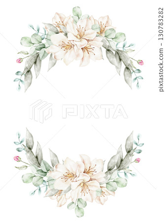 Watercolor crescent wreath with beige blossoms and soft green foliage, hand painted in delicate style. Part of a large floral bouquet set. Perfect for invitation, greeting card, wedding stationery, or 130783282