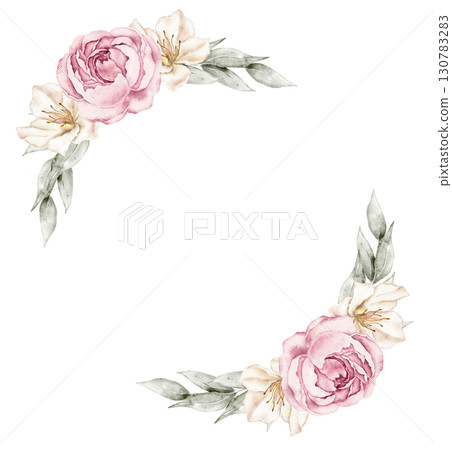 Watercolor crescent wreath with beige blossoms and soft green foliage, hand painted in delicate style. Part of a large floral bouquet set. Perfect for invitation, greeting card, wedding stationery, or 130783283