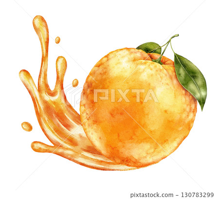 Watercolor orange with splash effect and green leaves on white background. Fresh juicy citrus design element with bright artistic detail for creative projects. Watercolor orange with splash effect and green leaves on white background. Fresh juicy citrus design element with bright artistic detail for creative projects. 130783299