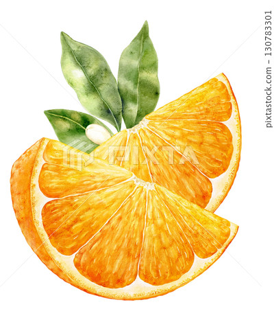 Watercolor slice of orange fruit with leaves on white background. Sunny light on orange pulp. Juicy citrus element in bright natural colors, ideal for food design and creative compositions. Watercolor slice of orange fruit with leaves on white background. Sunny light on orange pulp. Juicy citrus element in bright natural colors, ideal for food design and creative compositions. 130783301