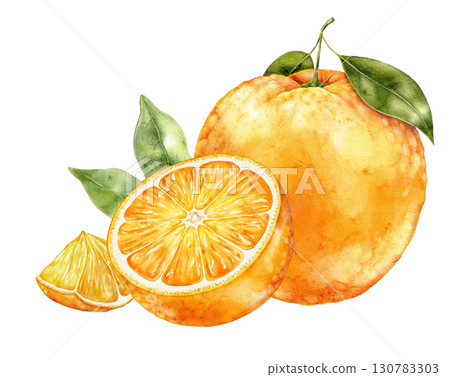 Watercolor composition of whole orange with half and slice, green leaves on white background. Bright and artistic citrus illustration with natural juicy texture. 130783303