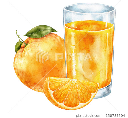 Watercolor glass of orange juice with straw, whole fruit, slice, leaves and blossom on white background. Bright and fresh citrus illustration with artistic hand painted style. Watercolor glass of orange juice with straw, whole fruit, slice, leaves and blossom on white background. Bright and fresh citrus illustration with artistic hand painted style. 130783304