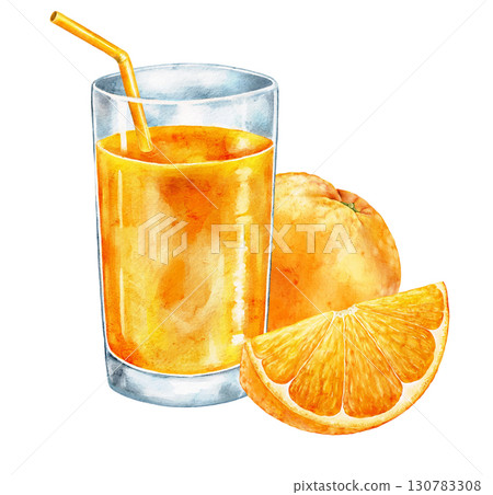 Watercolor glass of orange juice with straw, whole fruit and slices on white background. Fresh citrus drink illustration with bright artistic juicy detail. Watercolor glass of orange juice with straw, whole fruit and slices on white background. Fresh citrus drink illustration with bright artistic juicy detail. 130783308