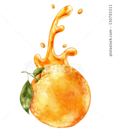 Watercolor orange fruit with splash effect and green leaves on white background. Juicy citrus element in bright artistic natural style. Watercolor orange fruit with splash effect and green leaves on white background. Juicy citrus element in bright artistic natural style. 130783311