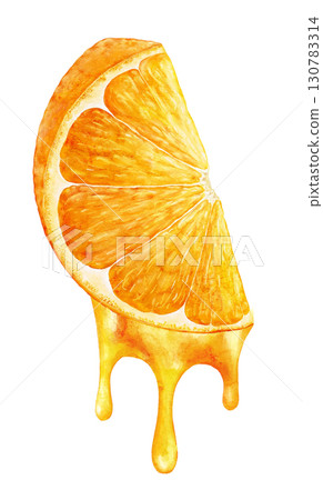 Watercolor orange slice fruit with splash effect and green leaves on white background. Juicy citrus illustration with dynamic artistic detail in fresh style. 130783314