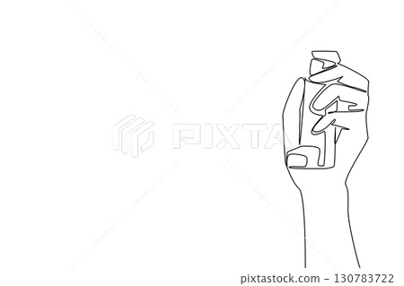 Single one line drawing hand holding asthma inhaler. First aid aids help prevent asthma. Healthy living without pollution. Pharmacy. World Asthma Day. Continuous line design graphic illustration 130783722