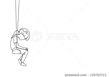 Single continuous line drawing girl sitting hunched over on a swing. Victim of bullying. No place to tell stories. Loneliness. Childhood Depression Awareness Day. One line design vector illustration 130783723
