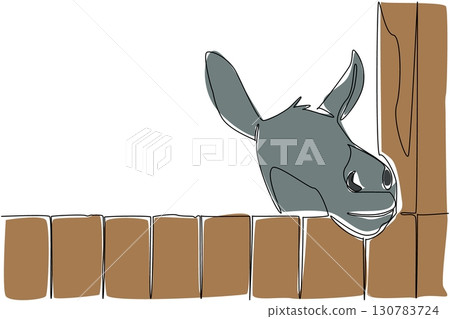 Single one line drawing donkey head comes out of wooden cage. A good cage for the comfort of livestock. Carefully maintained. Adorable. World Donkey Day. Continuous line design graphic illustration Single one line drawing donkey head comes out of wooden cage. A good cage for the comfort of livestock. Carefully maintained. Adorable. World Donkey Day. Continuous line design graphic illustration 130783724
