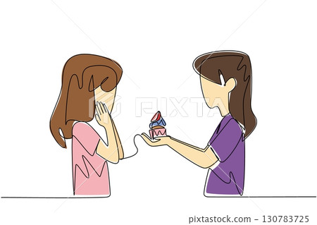 Single continuous line drawing the little girl gives strawberry topped cupcake to another girl. Cultivating friendship. Happy. National Give Someone a Cupcake Day. One line design vector illustration 130783725