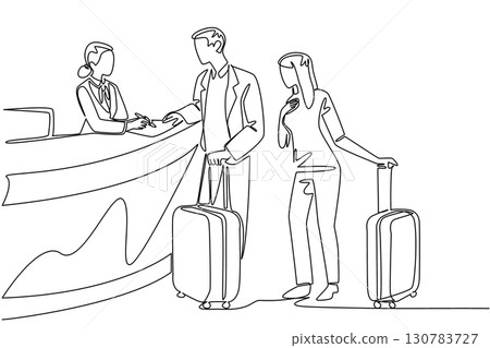 Single continuous line drawing a female receptionist is giving information to a husband and wife carrying suitcases. Provides room price info. Receptionist Day. One line design vector illustration 130783727