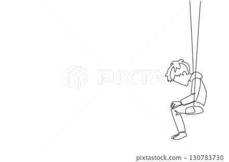 Continuous one line drawing boy sitting hunched over on a swing. His abilities make him friendless. Very lonely. Alone. Childhood Depression Awareness Day. Single line draw design vector illustration Continuous one line drawing boy sitting hunched over on a swing. His abilities make him friendless. Very lonely. Alone. Childhood Depression Awareness Day. Single line draw design vector illustration 130783730