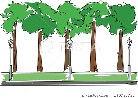 Single continuous line drawing public garden with paths and garden lights lining the path. Pedestrian friendly place. Comfort. Fresh. National Public Gardens Day. One line design vector illustration 130783733