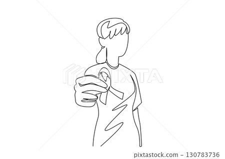 Continuous one line drawing woman holds ribbon with one hand. Symbol of high concern for health. Prevent dangerous diseases. Awareness. World Lupus Day. Single line draw design vector illustration 130783736