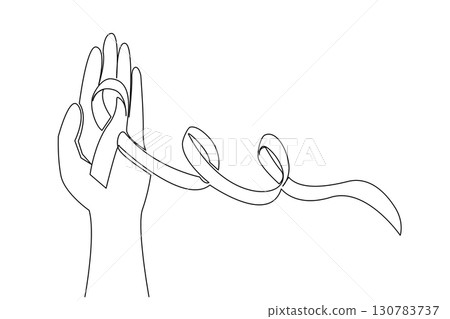 Single continuous line drawing the palm is open and above it is a ribbon. Asking for a helping hand for compassion. Inviting to help others. Sick. World Lupus Day. One line design vector illustration 130783737