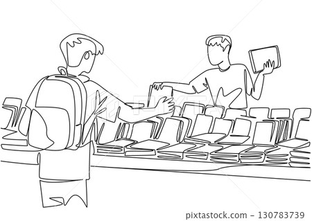 Continuous one line drawing a man buys a book at a book stall. The most complete place to find old books. Many collections. National Small Business Day. Single line draw design vector illustration 130783739