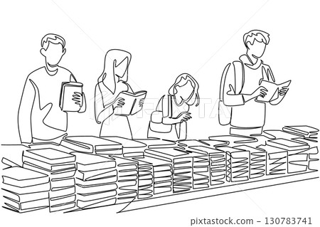 Single one line drawing a group of men and women standing choosing books among various piles of books. Cheap book market. Sell. National Small Business Day. Continuous line design graphic illustration 130783741
