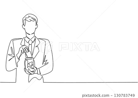 Continuous one line drawing a man in a suit and tie puts banknotes into a jar. Collected and then donated. Sharing. Donate a Wages of Day To Charity Day. Single line draw design vector illustration Continuous one line drawing a man in a suit and tie puts banknotes into a jar. Collected and then donated. Sharing. Donate a Wages of Day To Charity Day. Single line draw design vector illustration 130783749