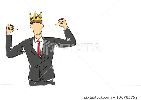Continuous one line drawing a man in a suit and tie wearing a crown and pointing at himself with both thumbs up. Honorary title. Happy. Reward Yourself Day. Single line draw design vector illustration Continuous one line drawing a man in a suit and tie wearing a crown and pointing at himself with both thumbs up. Honorary title. Happy. Reward Yourself Day. Single line draw design vector illustration 130783752