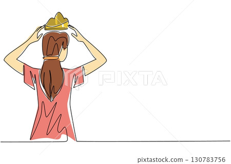 Single continuous line drawing a woman dressed in casual clothes puts a crown on her head for herself. Raise the level with success. Award. Reward Yourself Day. One line design vector illustration 130783756