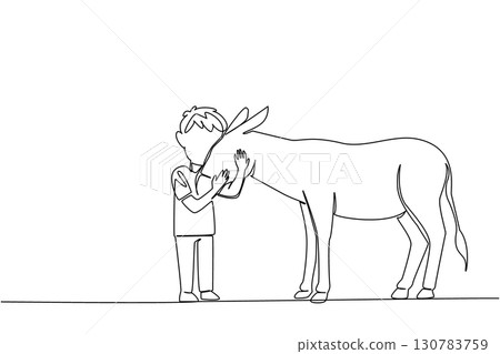 Continuous one line drawing boy hugging donkey. Loving pets. Little shepherd. Care with care. Establishing bonds of friendship. Friendly. World Donkey Day. Single line draw design vector illustration Continuous one line drawing boy hugging donkey. Loving pets. Little shepherd. Care with care. Establishing bonds of friendship. Friendly. World Donkey Day. Single line draw design vector illustration 130783759