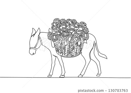 Single continuous line drawing donkey carrying a basket full of sunflowers. Sunflower seed farmer. Makes it easier during harvest season. Plant. World Donkey Day. One line design vector illustration 130783763