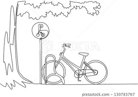 Single continuous line drawing mini bike parked in bike parking lot and big tree. Typical view during holidays. Cycling to the park. National Public Gardens Day. One line design vector illustration Single continuous line drawing mini bike parked in bike parking lot and big tree. Typical view during holidays. Cycling to the park. National Public Gardens Day. One line design vector illustration 130783767