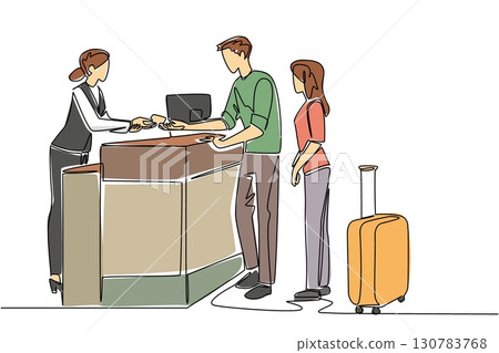 Single one line drawing a female receptionist is giving cards to a husband and wife visitor. Access card to enter the magnificent room. Receptionist Day. Continuous line design graphic illustration 130783768
