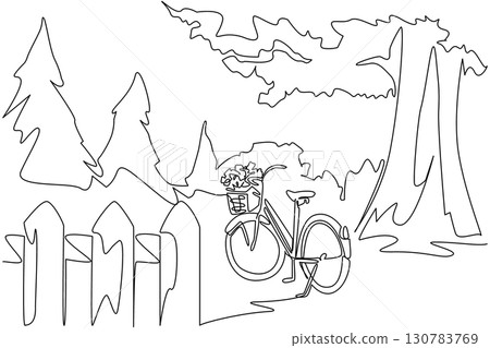 Single one line drawing mini bike with basket of flowers on the stand and big tree. Fresh air without pollution. Freshness. National Public Gardens Day. Continuous line design graphic illustration 130783769