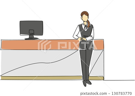 Single continuous line drawing a female receptionist crossed her arms and leaned against a long table. Relaxing after many guests visit. Staff. Receptionist Day. One line design vector illustration 130783770