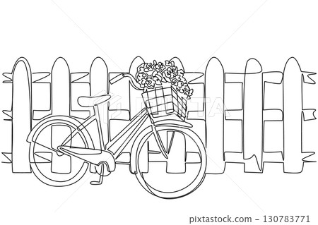 Single one line drawing mini bike with basket filled with flowers leaning against the fence. Take a break after gardening. National Public Gardens Day. Continuous line design graphic illustration 130783771