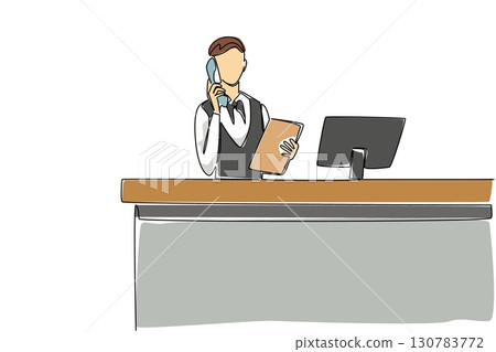 Continuous one line drawing a female receptionist stands holding a telephone receiver and a clipboard. Explaining over the phone. Info. Receptionist Day. Single line draw design vector illustration 130783772