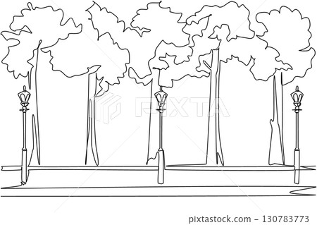 Single continuous line drawing public garden with paths and garden lights lining the path. Pedestrian friendly place. Comfort. Fresh. National Public Gardens Day. One line design vector illustration Single continuous line drawing public garden with paths and garden lights lining the path. Pedestrian friendly place. Comfort. Fresh. National Public Gardens Day. One line design vector illustration 130783773
