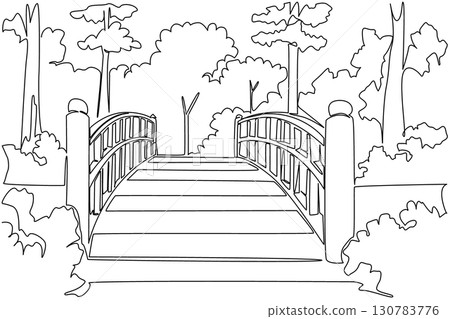 Single continuous line drawing public garden with wooden bridge and trees. A place to clear the tired mind. Cool and clean air. Fresh. National Public Gardens Day. One line design vector illustration 130783776