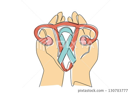 Single one line drawing open palm with uterus and campaign ribbon. Community concerned about internal organs of women. Charity. World Ovarian Cancer Day. Continuous line design graphic illustration 130783777