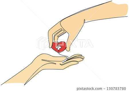 Single continuous line drawing hand is giving a heart with a plus sign in the middle to the other hand. Caring for each other. Donation. Love. World Red Cross Day. One line design vector illustration 130783780