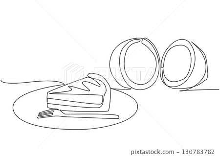 Single one line drawing coconut cream pie slices round black plate with fork. A sweet restaurant style dessert. Delicious. National Coconut Cream Pie Day. Continuous line design graphic illustration Single one line drawing coconut cream pie slices round black plate with fork. A sweet restaurant style dessert. Delicious. National Coconut Cream Pie Day. Continuous line design graphic illustration 130783782
