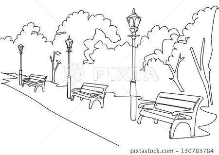 Continuous one line drawing public garden with paths, trees, garden lights, and garden chairs. A calming atmosphere. Tranquil. National Public Gardens Day. Single line draw design vector illustration 130783784