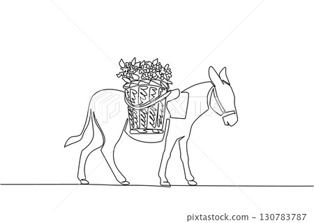 Continuous one line drawing a donkey carrying rattan basket filled with flowers on its back. Make it easier for farmers. Daily activities. World Donkey Day. Single line draw design vector illustration Continuous one line drawing a donkey carrying rattan basket filled with flowers on its back. Make it easier for farmers. Daily activities. World Donkey Day. Single line draw design vector illustration 130783787